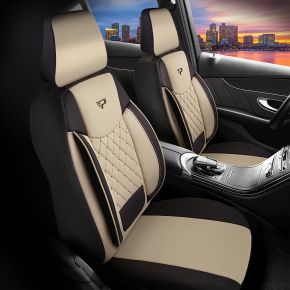 Set di coprisedili in tessuto Brusel beige-nero con trapuntatura a rombi, compatibile con DACIA SANDERO