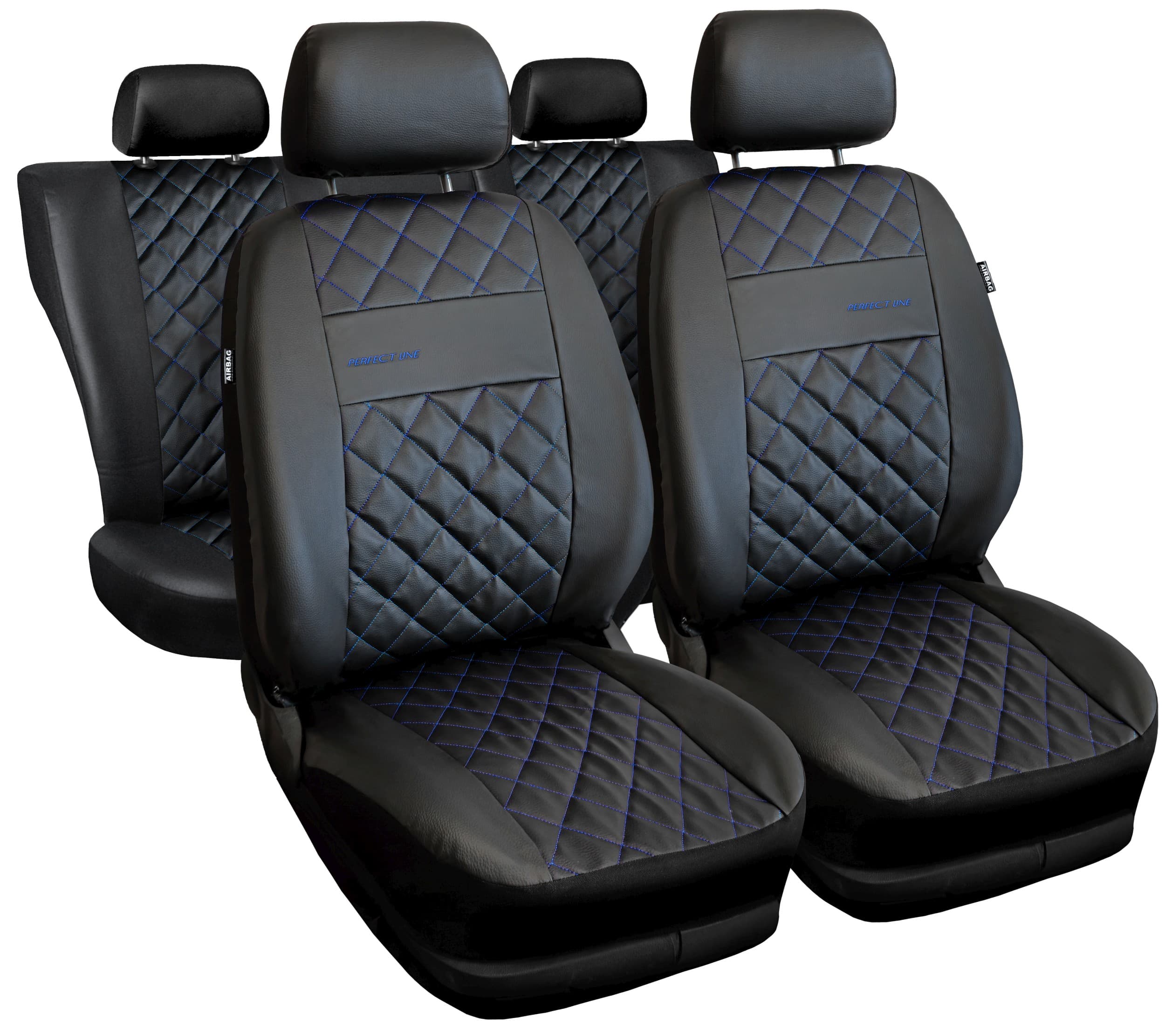 Set coprisedili universali Perfect Line neri con cuciture blu