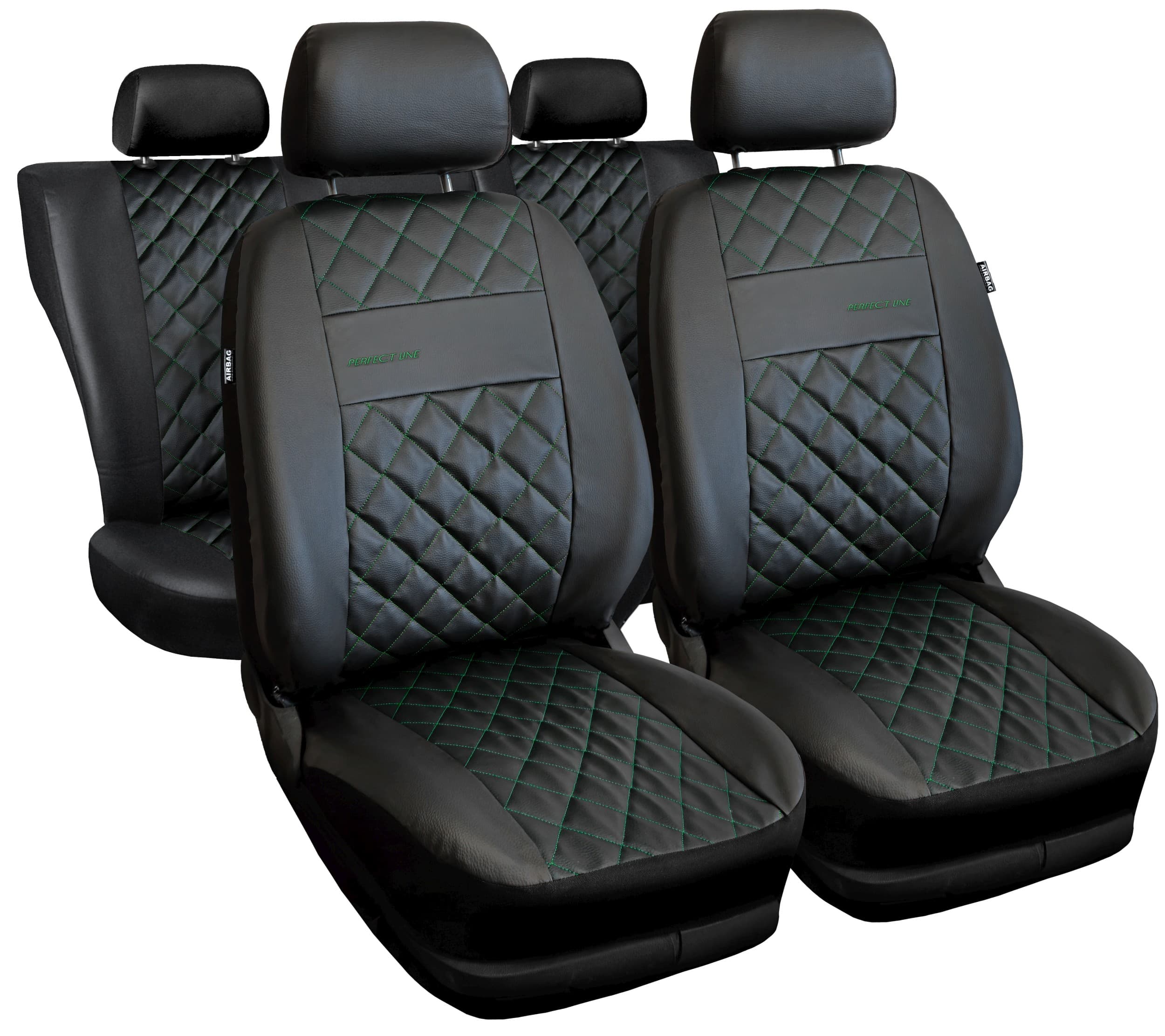 Set coprisedili universali Perfect Line neri con cuciture verdi