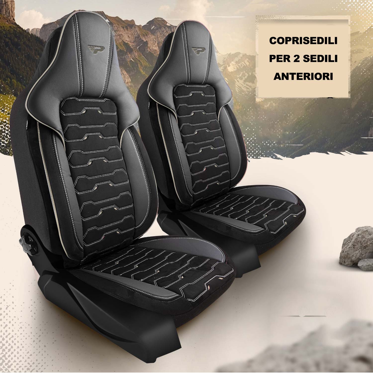 Coprisedili Beirut per 2 sedili anteriori in versione nera con bordatura beige