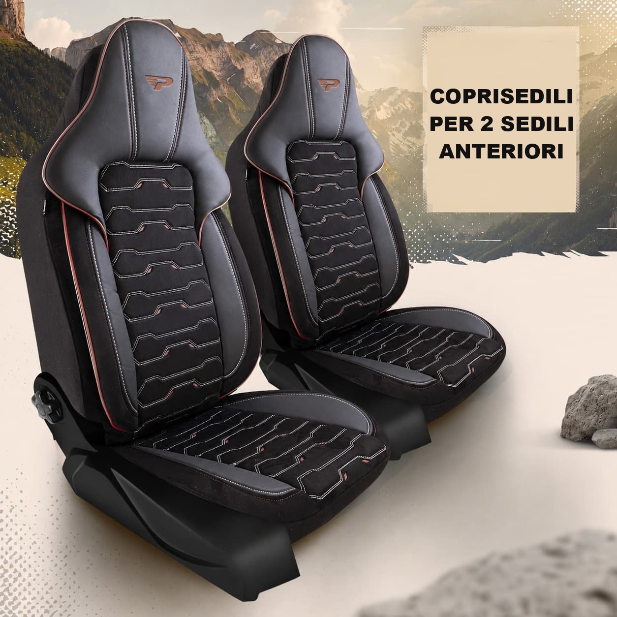 Coprisedili Beirut per 2 sedili anteriori in versione nera con bordatura marrone